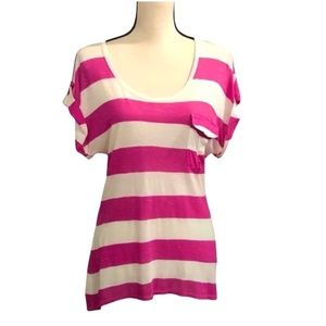 T LOS ANGELES PINK & WHITE STRIPED TUNIC LENGTH FITTED T SHIRT